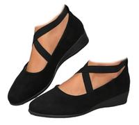 Chaussures compensées élégantes à talon bas avec sangle élastique de couleur unie, soutien orthopédique fermé de la voûte plantaire pour femme, mocassins vintage confortables pour femme, Noir , 39 EU