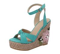 Chaussures Compensées Femme Sandales Et Nu-Pieds 2026 Été Nouvelle Édition Coréenne Sandales À Talons Inclinés Imitation Herbe Tissage Semelle Épaisse Plate- À Sandale Femme Confortable (Blue 39)