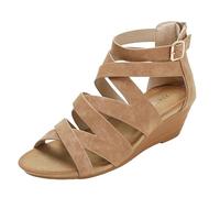 Chaussures Compensées Habillées Et Confortables, Sandales Compensées en Cuir pour Femme Brides À La Cheville Boucle Réglable Découpe Bout Rond Ouvert Fermeture Éclair À L'arrière(Camel,37 EU)