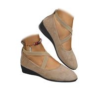Chaussures de ballet élégantes et confortables à enfiler avec talon compensé élastique à la cheville - Chaussures de danse orthopédiques décontractées à bretelles croisées, kaki, 38 EU