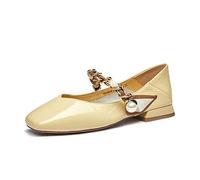 Chaussures de Ballet en Cuir de Vache véritable pour Femmes, Bout carré, chaîne de Perles, Mocassins élégants à Enfiler