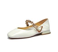 Chaussures de Ballet en Cuir de Vache véritable pour Femmes, Bout carré, chaîne de Perles, Mocassins élégants à Enfiler