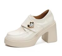 Chaussures de Bureau Professionnelles pour Femmes Talon Épais Bout Pointu Mocassins pour Enseignement et Banque Talon Stable 10CM Noirs,Blanc,38 EU