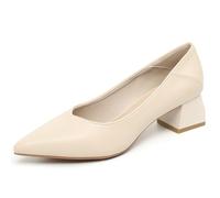 Chaussures De Cour pour Femmes Talon Bloc Épais Bout Pointu Escarpins De Mariage Confortables Talons Bas Travail Robe Mariage Cuir Respirant,Apricot,36 EU