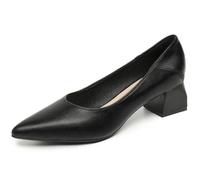 Chaussures De Cour pour Femmes Talon Bloc Épais Bout Pointu Escarpins De Mariage Confortables Talons Bas Travail Robe Mariage Cuir Respirant,Noir,34 EU