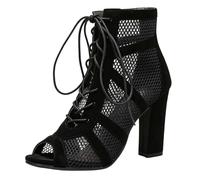 Chaussures de Danse à Talons Hauts pour Femme, Grande Taille, Bottines Peep-Toe en Maille Noire avec Lacets Croisés, Talon Épais, Design Sexy et Élégant pour la Danse