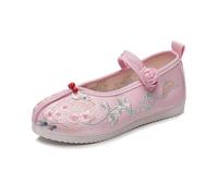 Chaussures De Danse Brodées De Fleurs Style Chinois Pour Enfants Chaussures Mary Jane Pour Petites Filles Ballerines Décontractées À Bride Cheville Shoes Orientales De Scène(Pink,27 EU)
