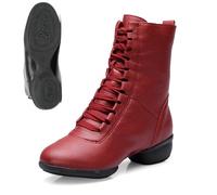 Chaussures de danse en cuir pour femme - Élégantes bottines avec talon carré et lacets - Chaussures courtes à lacets pour danse, fitness, jazz, gymnastique, valse, foxtrott, swing disco, O rouge 2, 34