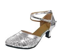 Chaussures de Danse Latin Professionnel Satin Caractère Moderne Sauce Tango pour Femmes Talon Paillettes Strass T-Strap Bout Fermé/Ouvert Entraînement Mariée Soirée Sandales, argent, 42 EU