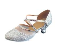 Chaussures de Danse Latine à Bride Cheville, Empeigne Scintillante et Bout Brillant, Talon Bas Confortable pour Femmes, idéales pour soirées, salles de Bal ou Pratiques de Salsa. (Silver, 35)