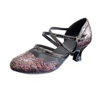 Chaussures de Danse Latine à Bride Cheville, Empeigne Scintillante et Bout Brillant, Talon Bas Confortable pour Femmes, idéales pour soirées, salles de Bal ou Pratiques de Salsa. (Black, 37)