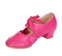 Chaussures de danse latine à lacets pour femme - Talons de salle de bal modernes - Salsa - Enseignement du rythme - Mary Jane - Doux et confortables, rose vif, 39.5 EU