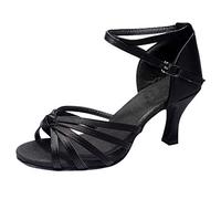 Chaussures de danse latine à lanières avec nœud sur le devant pour femme - Talon bas évasé - Sangle de cheville - Sandales pour la pratique de la salsa de salle de bal, Noir , 37 EU