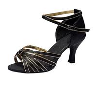 Chaussures de danse latine à lanières pour femme - Bout ouvert - Talon bas évasé - Boucle - Pour la pratique et la performance de la salsa de salle de bal, Noir , 38 EU