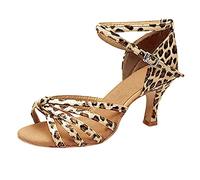 Chaussures de danse latine à lanières pour femme - Bout ouvert - Talon bas évasé - Boucle - Pour la pratique et la performance de la salsa de salle de bal, marron, 37.5 EU