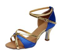 Chaussures de danse latine à paillettes pour salsa - Talon haut - Escarpins à lanières - Sandales avec sangle de cheville croisée - Talon bloc fermé - Escarpins à paillettes - Parfait, bleu, 38 EU