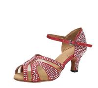 Chaussures De Danse Latine en Bronze for Femmes, Tango for Salle Bal, Talon Cuba, Mariage Faux Diamant, Sandales for(Ruby Red,4.5)