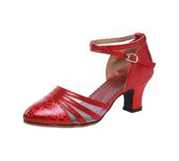 Chaussures de Danse Latine Femmes Confortables Bout Fermé Chaussures de Danse Latino Américain Sandales avec Sangle de Cheville Professionnel Salle de Bal ChaCha Modern Jazz pour Partie, rouge, 39 EU