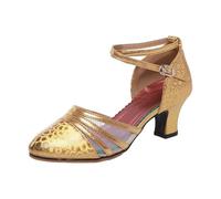 Chaussures de Danse Latine Femmes Confortables Bout Fermé Chaussures de Danse Latino Américain Sandales avec Sangle de Cheville Professionnel Salle de Bal ChaCha Modern Jazz pour Partie, or, 37 EU