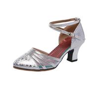 Chaussures de Danse Latine Femmes Confortables Bout Fermé Chaussures de Danse Latino Américain Sandales avec Sangle de Cheville Professionnel Salle de Bal ChaCha Modern Jazz pour Partie, argent, 39 EU
