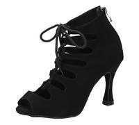 Chaussures de Danse Latine for Femmes, Bottes en Satin for Salle Bal, Tango, Salsa, Rumba, pôle, Talons Hauts for Dames pour Femme(Black Heel 7.5CM,8)