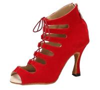 Chaussures de Danse Latine for Femmes, Bottes en Satin for Salle Bal, Tango, Salsa, Rumba, pôle, Talons Hauts for Dames pour Femme(Red Heel 8.5CM,6.5)