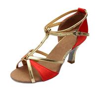 Chaussures de danse latine pour femme avec sangle nouée - Talons bas - Talons de danse élégants Chacha Salsa - Sandales de danse pour débutants - Confortables - Pour intérieur et extérieur, Rouge, 40