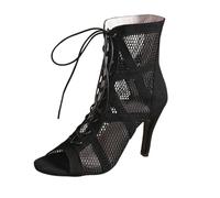 Chaussures de danse latine pour femme, bottines de danse latine avec lacets, bout ouvert mesh, jazz-salsa-bachata-tango pratique performance, talon 10 cm, Noir , 35 EU