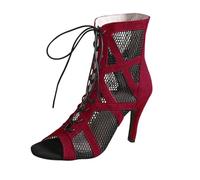 Chaussures de danse latine pour femme, bottines de danse latine avec lacets, bout ouvert mesh, jazz-salsa-bachata-tango pratique performance, talon 10 cm, rouge, 35 EU