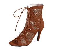Chaussures de danse latine pour femme, bottines de danse latine avec lacets, bout ouvert mesh, jazz-salsa-bachata-tango pratique performance, talon 10 cm, marron, 43 EU