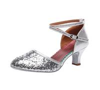 Chaussures de danse latine pour femme, chaussures de danse latine pour femme, noir professionnel, semelle souple brillante, argent métallique, 37 EU