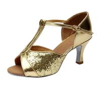 Chaussures de Danse Latine pour Femmes, Chaussures de Pratique pour Spectacle en Salle Bal Pantoufles Femmes Intérieures Et Extérieures en Mémoire Forme (Gold, 36)