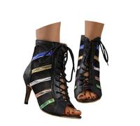 Chaussures de danse latine standard pour femme - En maille - Pour l'été - Sexy - Pole Party Peep Toe - Talons hauts avec lacets - Sandales à lanières, Noir , 41 EU