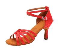 Chaussures De Danse Latine Talon Satin sans Noeud Salsa Tango Salle de Bal Chaussures Danse Latine Femme for Femmes Professionnelles(Heel 7cm Red,24cm)