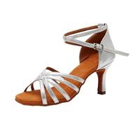 Chaussures De Danse Latine Talon Satin sans Noeud Salsa Tango Salle de Bal Chaussures Danse Latine Femme for Femmes Professionnelles(Heel 7cm Silver,25.5cm)