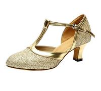 Chaussures de danse latines fermées à paillettes pour femme - Talons hauts argentés - Petit talon - Escarpins avec lanières et boucle - Chaussures élégantes - Chaussures de soirée - Chaussures de