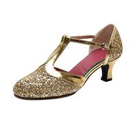 Chaussures de danse latines fermées à paillettes pour femme - Talons hauts argentés - Petit talon - Escarpins avec lanières et boucle - Chaussures élégantes - Chaussures de soirée - Chaussures de