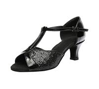 Chaussures de danse latino-américaine Professionnel Réglable Chaussures de Sauce Et Bachata pour Femmes Talons Bas Paillettes Strass T-Strap Bout Fermé/Ouvert Social Mariée Soirée Sandales, Noir , 37