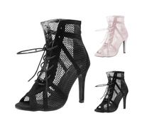 Chaussures de danse tendance à talons pour femme - Hauteur du talon noir - Bottes de danse en maille élégante - Chaussures de fête d'été - Chaussures de salle de bal, salsa, latine, tango, bachata