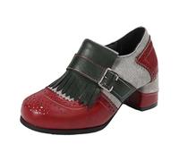 Chaussures de Loisirs Confortables et légères Bottes Talons pour Femmes Taille 9 Bottines décontractées en Cuir à Franges pour Femmes, Style rétro, Talon carré, Fermeture éclair, Chaussures(Red, 37)
