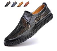 Chaussures de marche faites à la main en cuir de vache respirant pour homme, semelle creuse légère et souple, mocassins d'été décontractés à enfiler, Noir , 39.5 EU