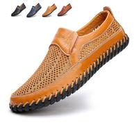Chaussures de marche faites à la main en cuir de vache respirant pour homme, semelle creuse légère et souple, mocassins d'été décontractés à enfiler, marron, 41 EU