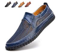 Chaussures de marche faites à la main en cuir de vache respirant pour homme, semelle creuse légère et souple, mocassins d'été décontractés à enfiler, bleu, 39.5 EU