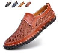 Chaussures de marche faites à la main en cuir de vache respirant pour homme, semelle creuse légère et souple, mocassins d'été décontractés à enfiler, Rouge, 39.5 EU