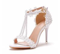Chaussures De Mariage 9 Cm Mariée Et Demoiselle D'honneur Talons Hauts Confortable Dentelle Fleur Mode Perles Sandales Bouts Ouverts Chaussures Habillées Chaussures De Banquet,Blanc,39 EU