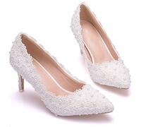 Chaussures De Mariage À Talons Hauts, Escarpins en Dentelle Blanche pour Mariée, Chaussures De Mariage Imitation Fleurs Adaptées Aux Mariages, Fêtes, Soirées Dansantes,Blanc,37 EU