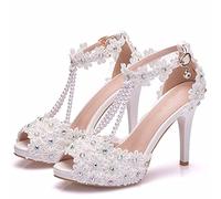 Chaussures De Mariage, Chaussures De Demoiselle d'honneur, Talons Aiguilles pour Mariage, Soirées, Soirées Dansantes, Sandales De Robe À Talon.,Blanc,38 EU