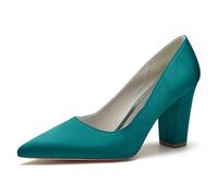 Chaussures De Mariage De Mariée Femme Satinée Bout Slip-on Bloc Talons Pointu Bureau Travail Soir Talons Hauts 8.5Cm,Marine,43 EU