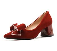 Chaussures De Mariage Femme Escarpins Noces À Talon Bloc Escarpins À Talon Chaussures Robe Épaisses À Bout Pointu avec Nœud en Strass pour Bureau Et Cocktail,Red(Heel:3cm),38 EU