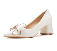 Chaussures De Mariage Femme Escarpins Noces À Talon Bloc Escarpins À Talon Chaussures Robe Épaisses À Bout Pointu avec Nœud en Strass pour Bureau Et Cocktail,White(Heel:5cm),37 EU